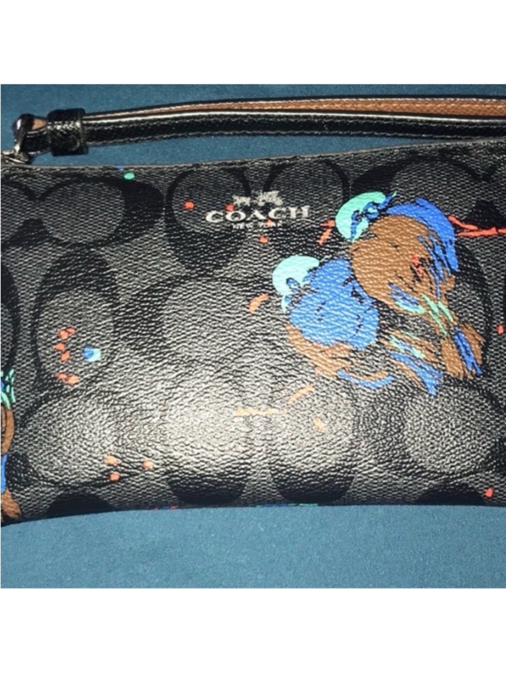 Coach Bird Print Black SmokeSignature Wristlet with Blue and Brown Floral Accent - Picture 4 of 4